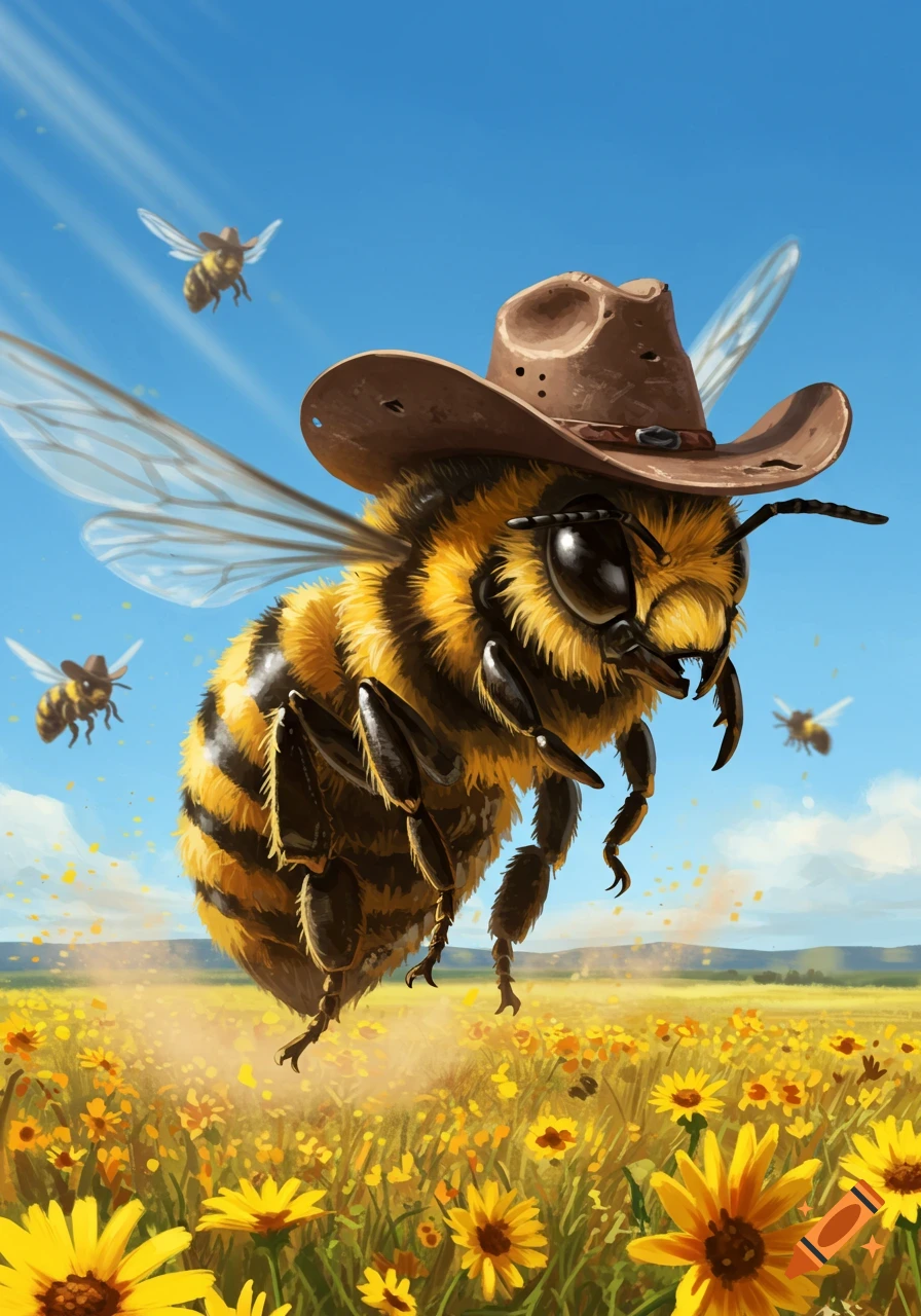 A large, fuzzy bee wearing a cowboy hat flies over a sunlit field of yellow flowers, with other bees in the background. Digital illustration.