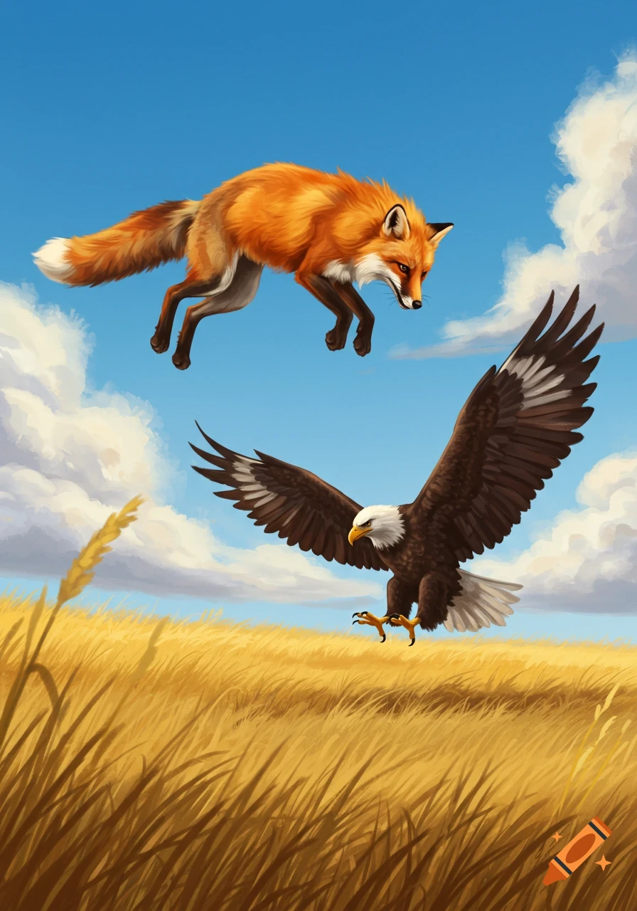An illustrated red fox jumps through a blue sky above an eagle flying over a golden field.