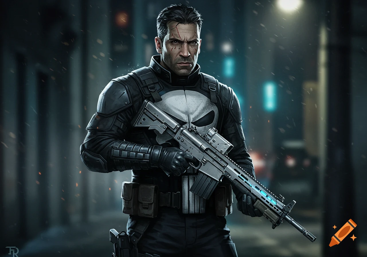 The Punisher, Frank Castle, in black armor with a skull logo, stands on a rainy night holding a futuristic rifle.