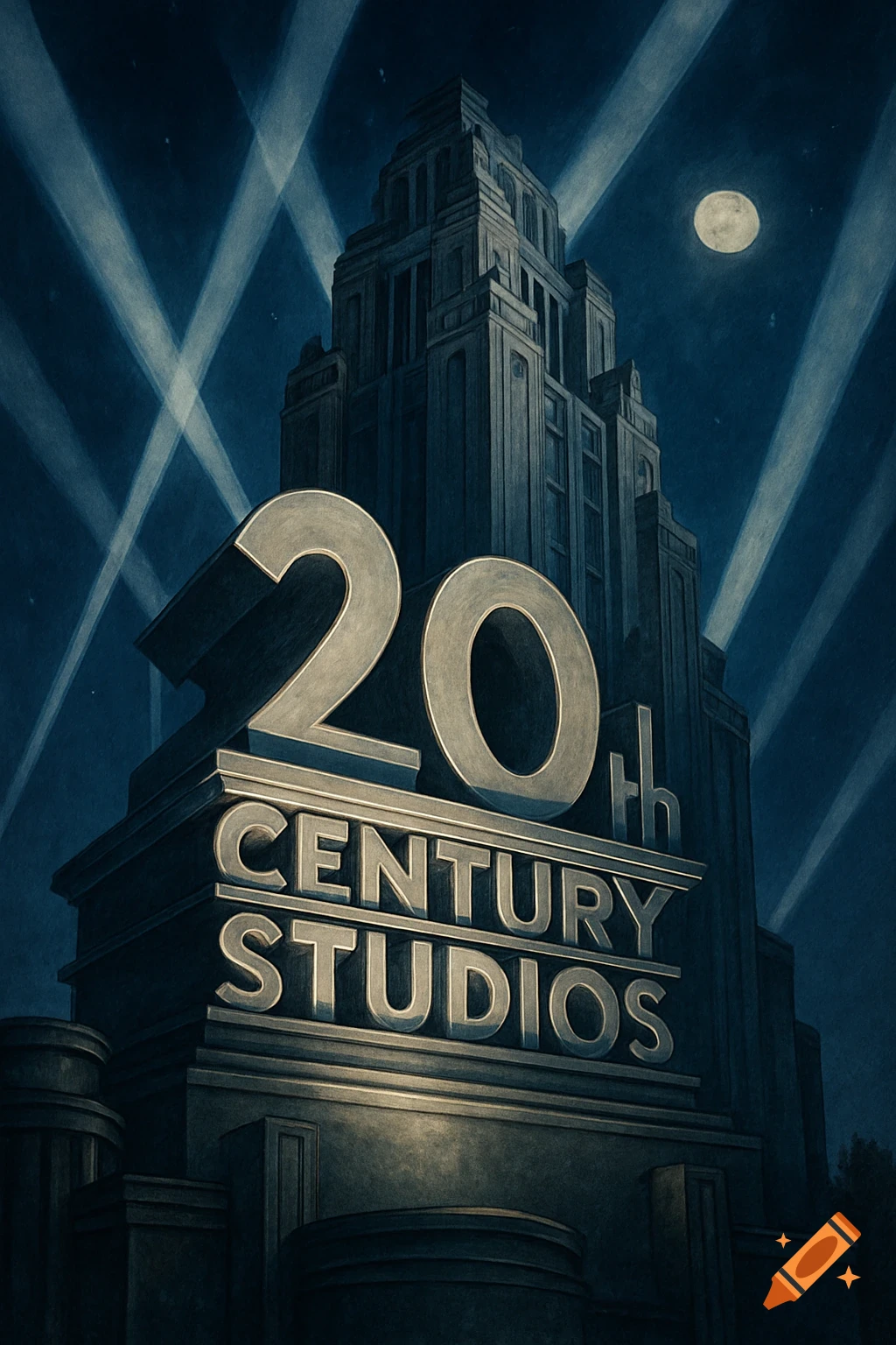 A stylized 20th Century Studios logo building at night with searchlights and a full moon.