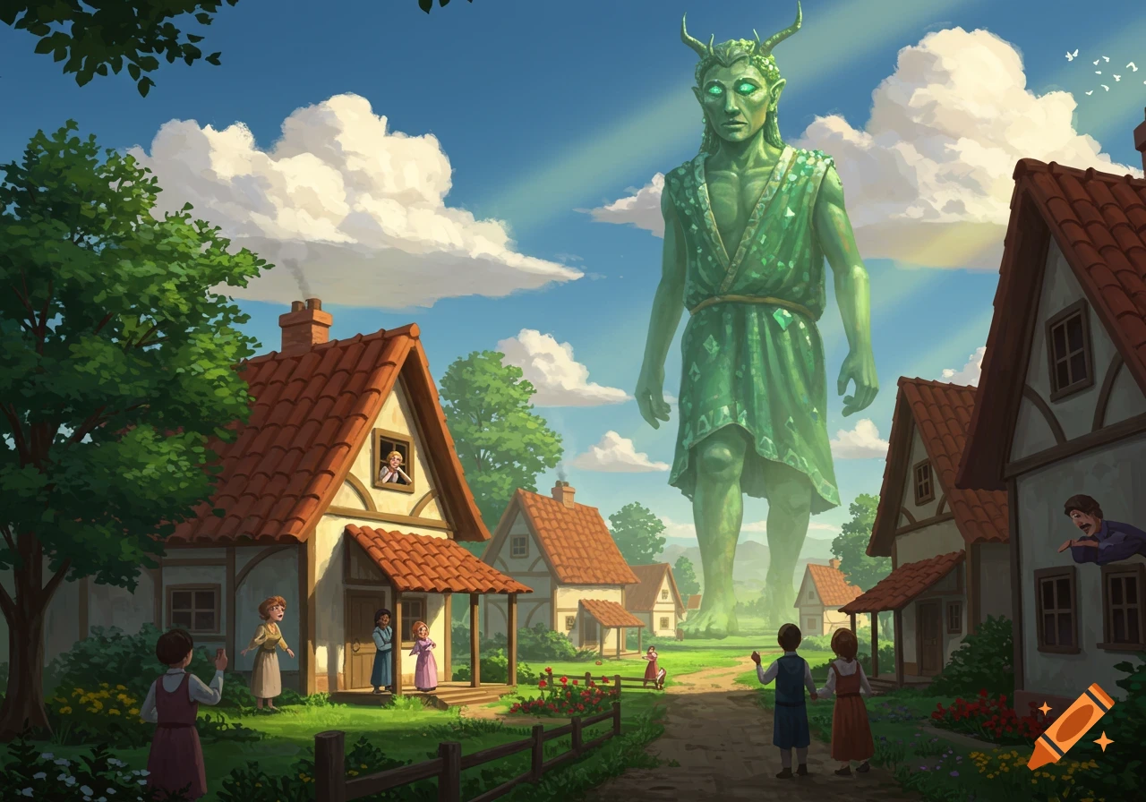 A towering green, horned giant with glowing eyes overlooks a quaint village as villagers gaze up at it. Detailed illustration.