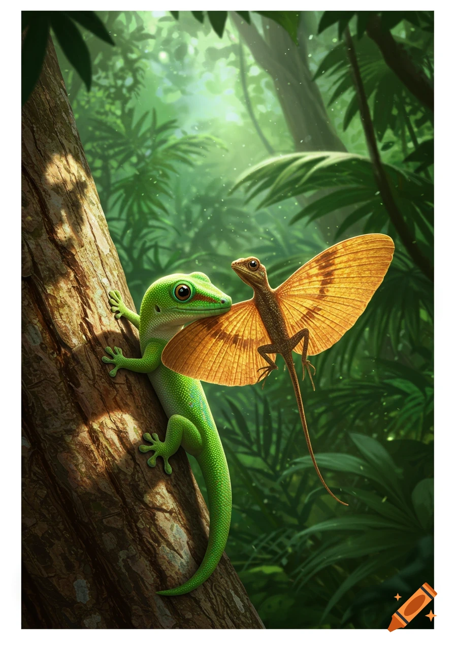A vibrant green gecko clings to a tree trunk, looking at a brown flying lizard with large orange wings in a lush jungle.