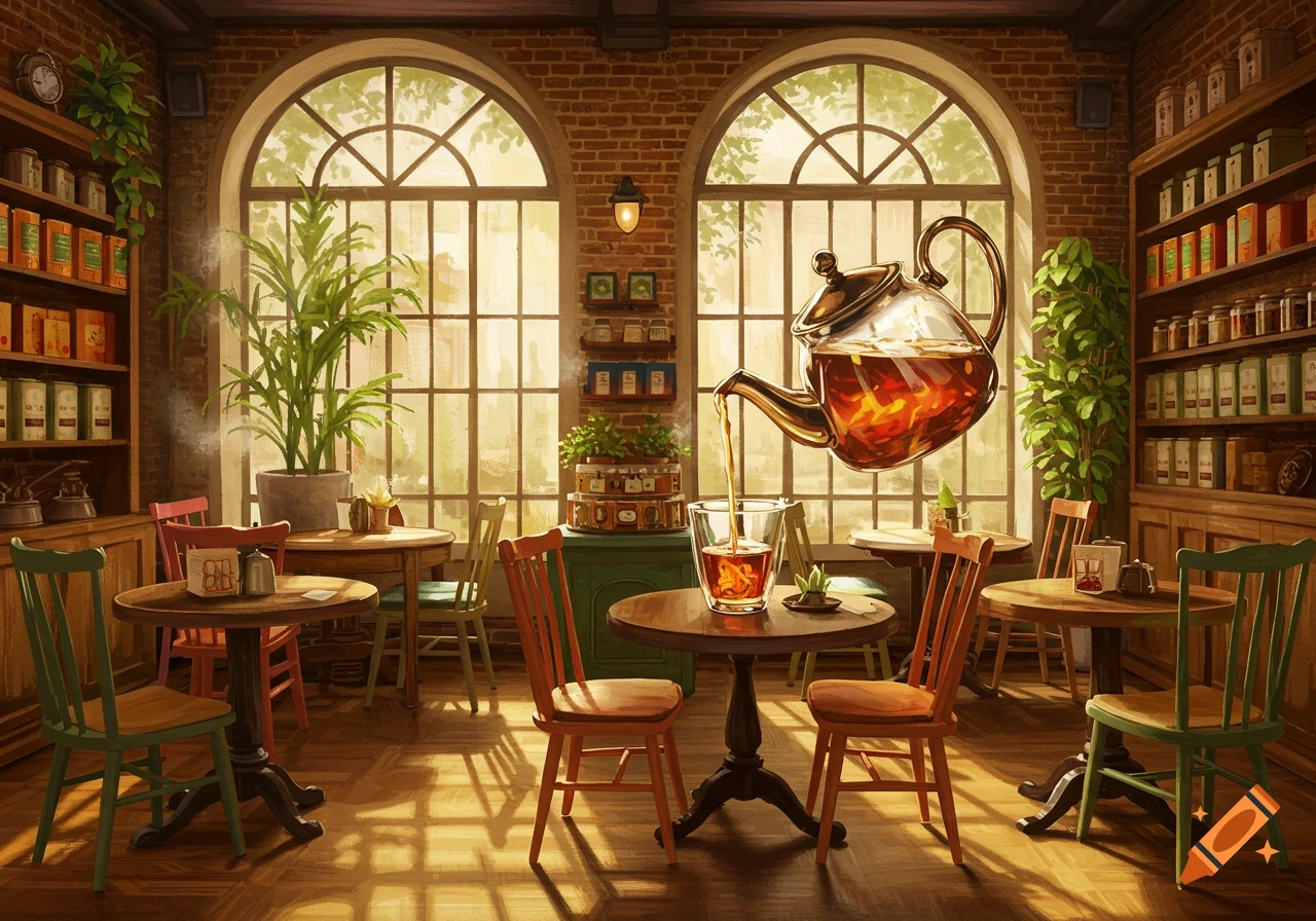 A charming cafe interior with a surreal floating teapot pouring tea into a glass.