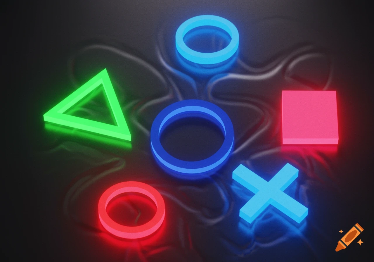 Neon glowing PlayStation symbols (triangle, circle, X, square) in green, blue, red, and light blue on a dark, reflective, slightly rippled surface.