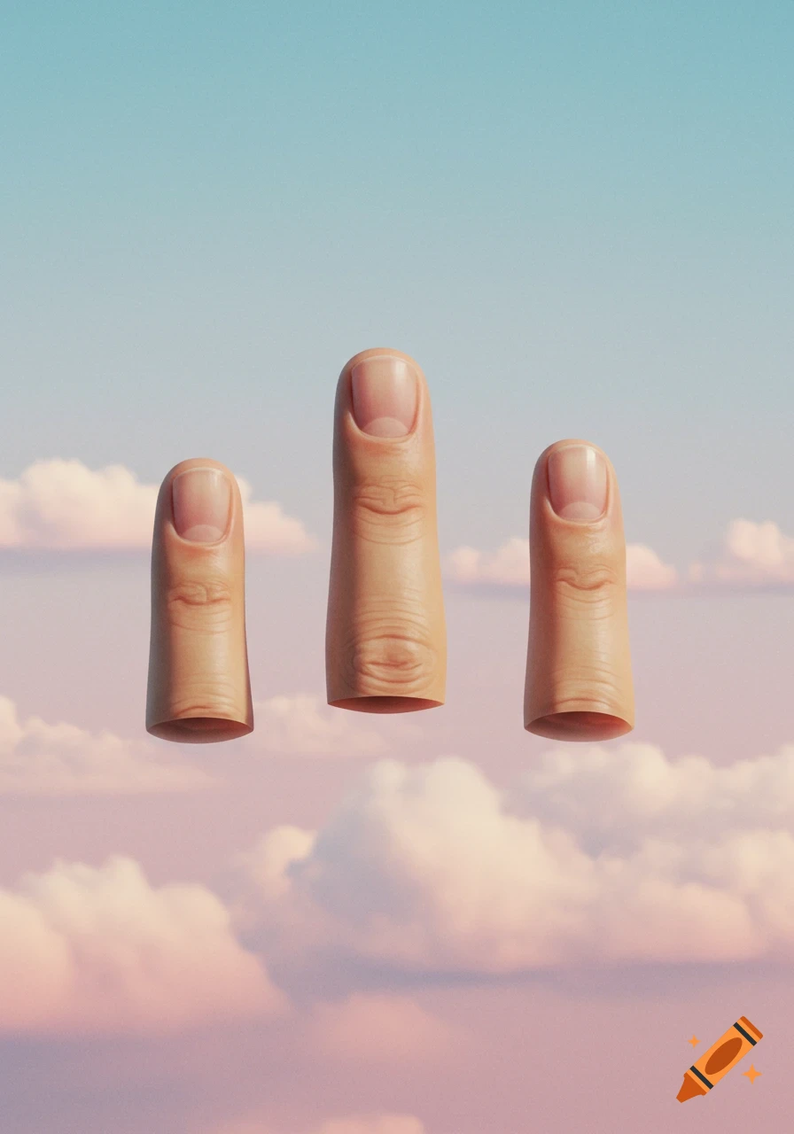 Three realistic disembodied fingers float vertically in a surreal blue and pink cloudy sky.