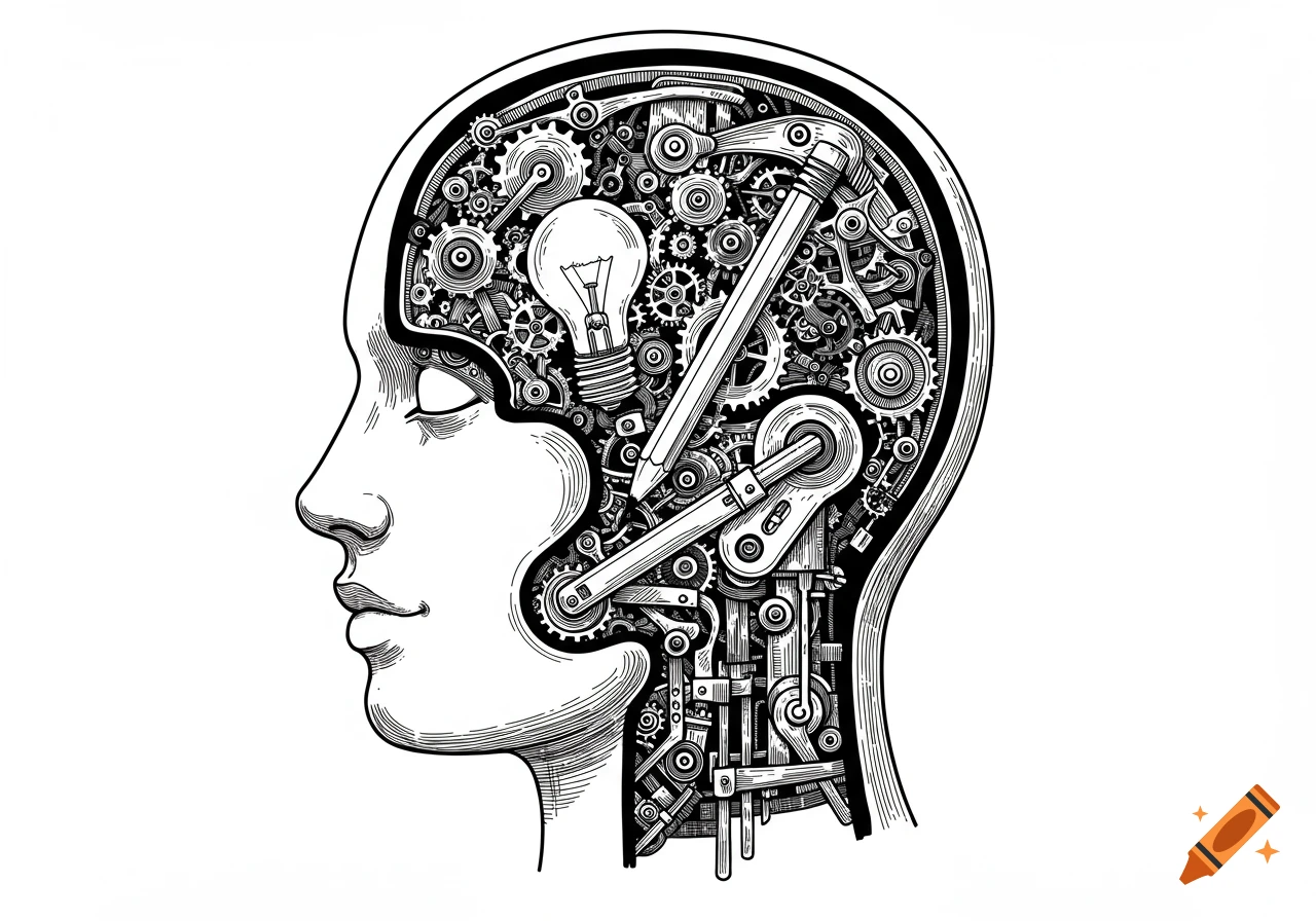 Black and white illustration of a human head in profile, its skull filled with intricate gears, a light bulb, and a pencil.