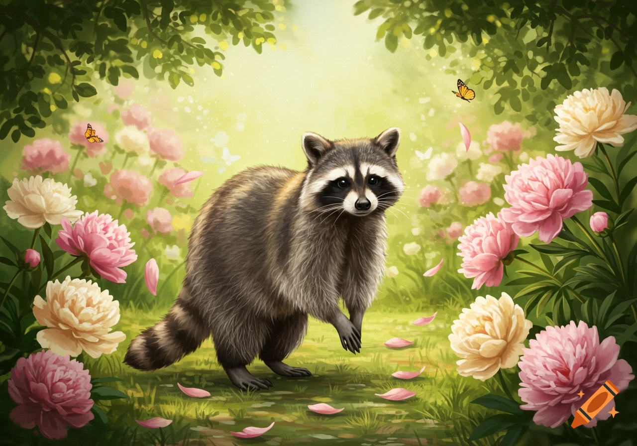 A fluffy raccoon stands in a vibrant green field surrounded by pink and white peonies, with butterflies fluttering around.