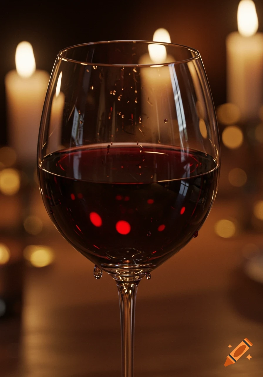 A close-up, photorealistic shot of a glass of red wine, with condensation and water droplets on the outside. Softly lit candles glow in the blurred background.
