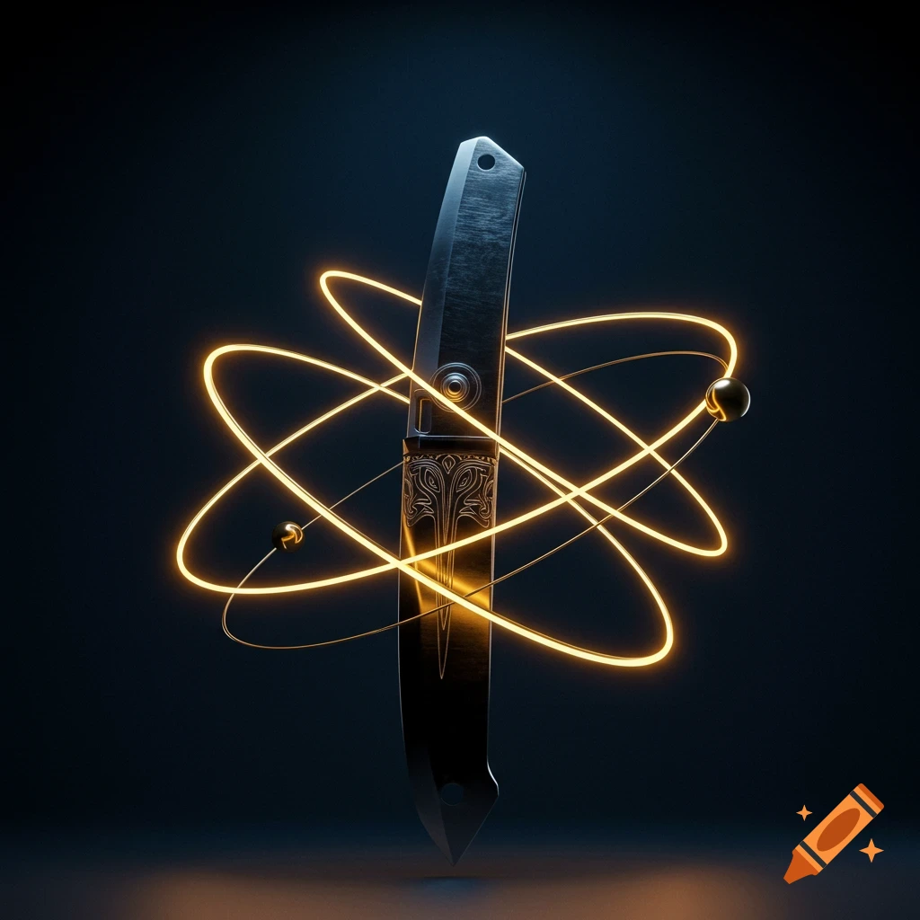 A sleek, dark knife with intricate designs, encircled by glowing golden, atom-like rings on a dark background.