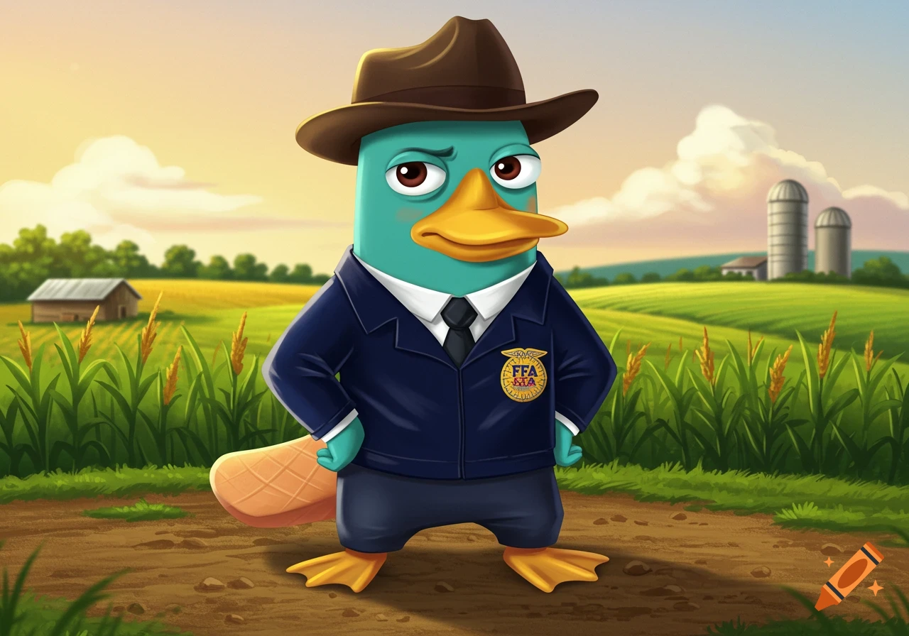 Perry the Platypus, wearing an FFA uniform and a brown fedora, stands in a golden farm field with a barn and silos in the background.