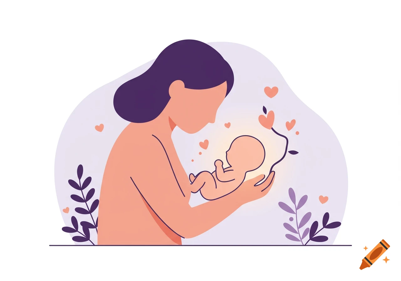 A stylized illustration of a woman gently holding a glowing baby, surrounded by hearts and plant tendrils, representing love and new life.