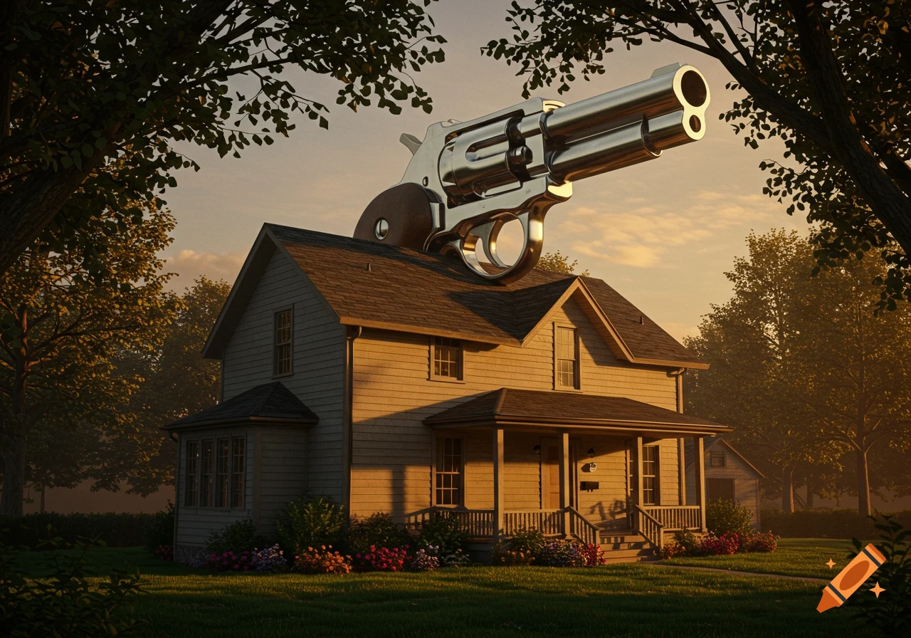 A photorealistic image of a large silver revolver resting on the roof of a suburban house at sunset, framed by trees.