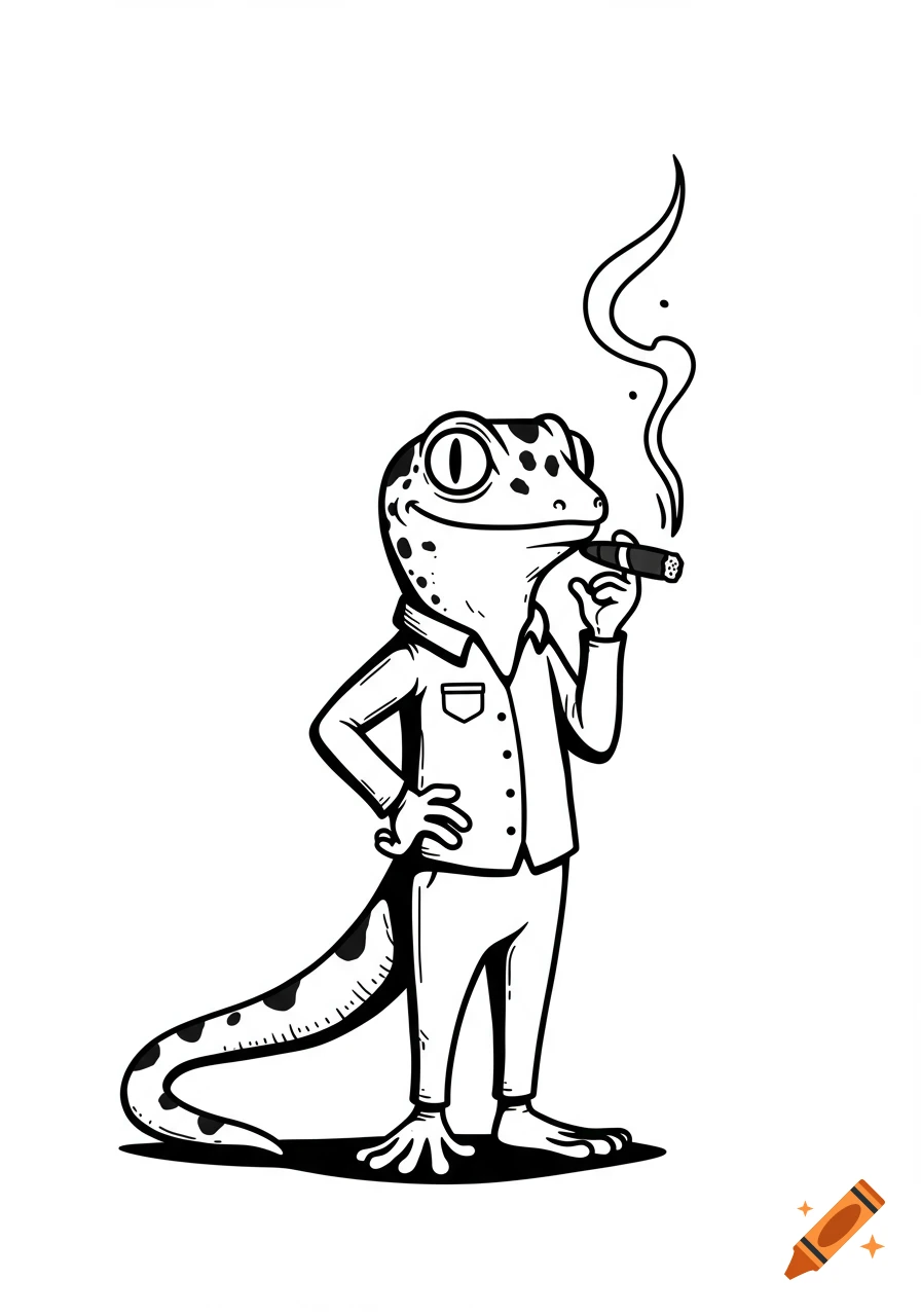 Black and white cartoon illustration of an anthropomorphic gecko in a shirt, smoking a cigar.