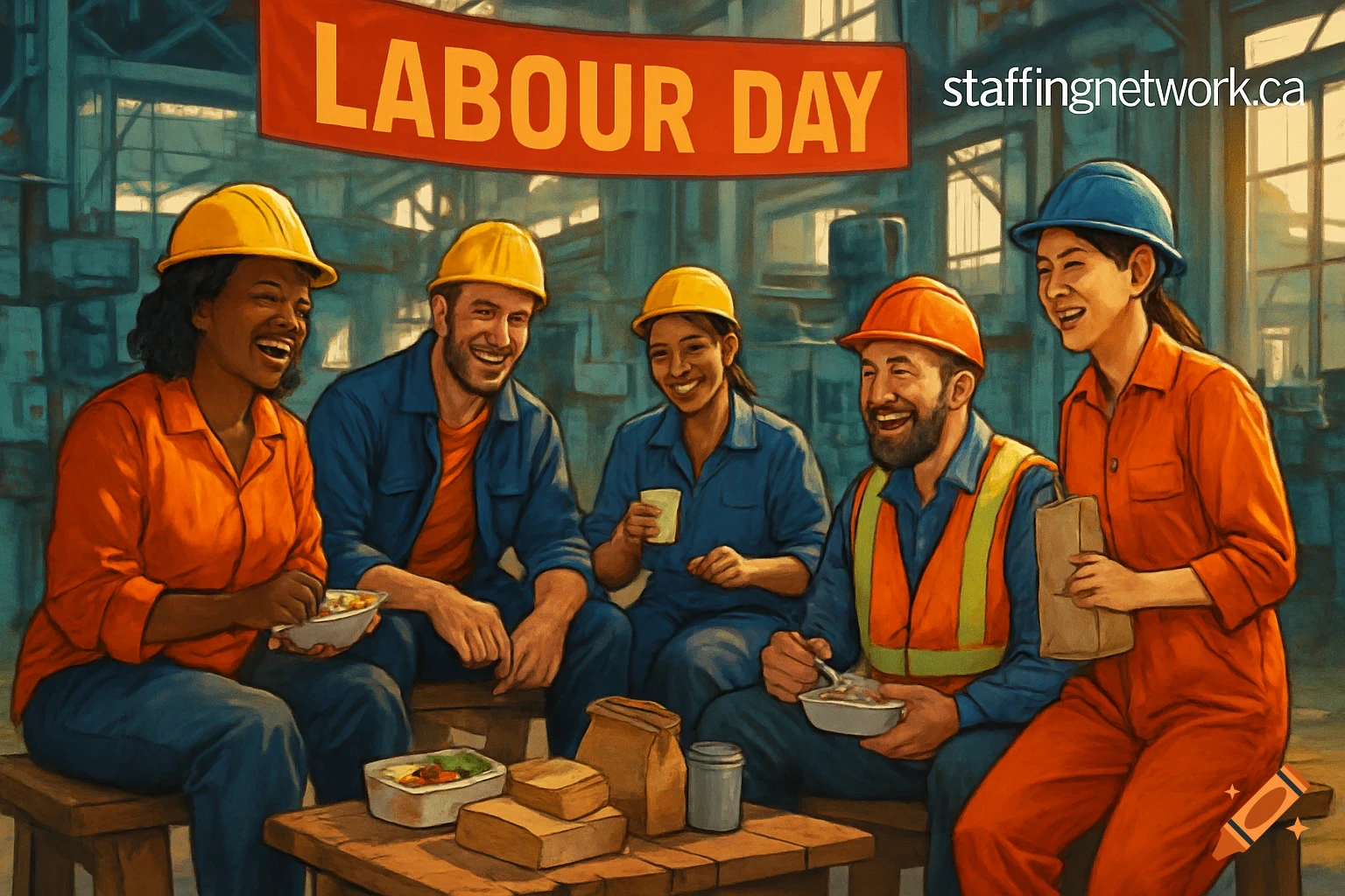 Stylized illustration of diverse manufacturing workers in hard hats having a smiling lunch break under a 'LABOUR DAY' banner.