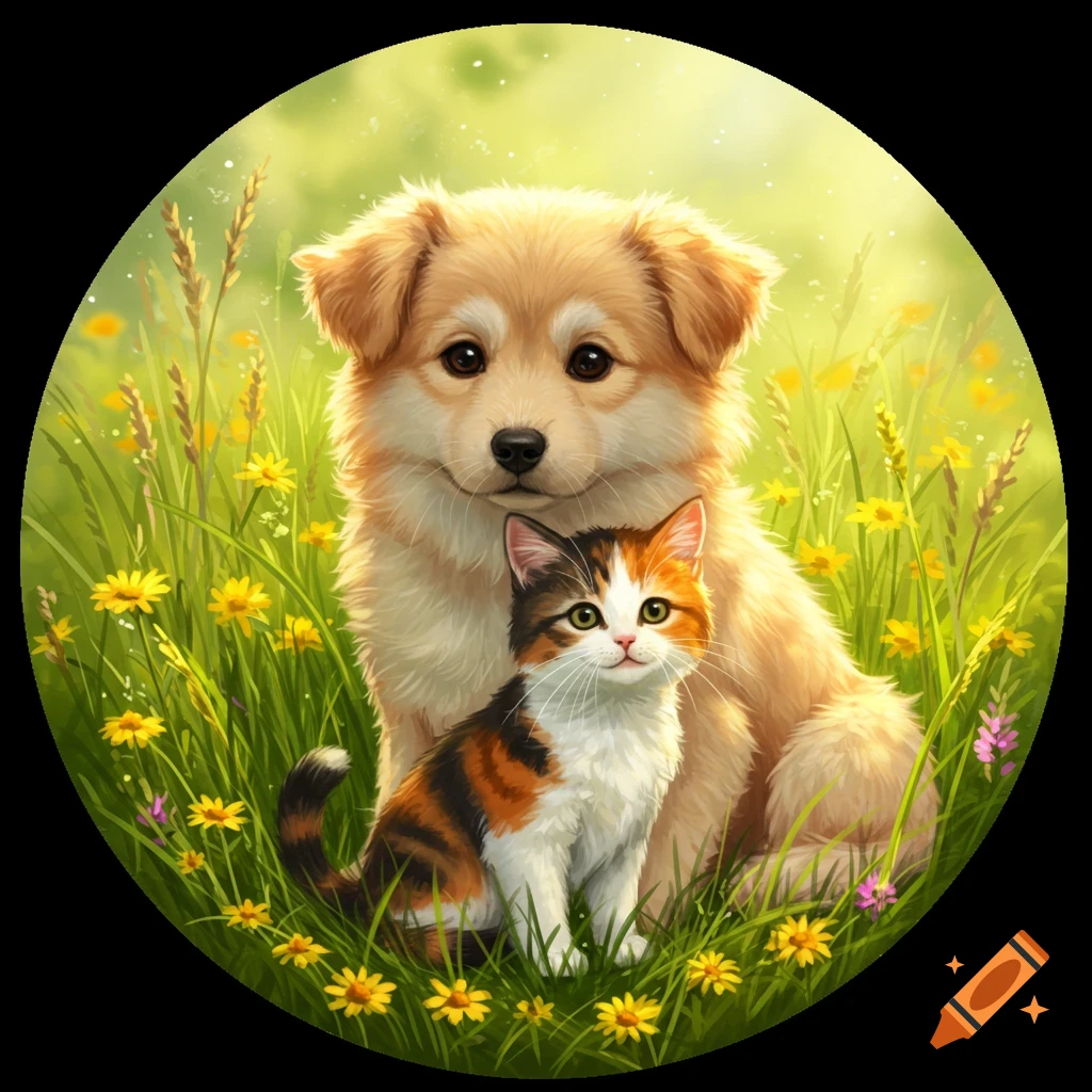 A cute fluffy puppy and a calico kitten sitting in a sunny field of green grass and yellow flowers.