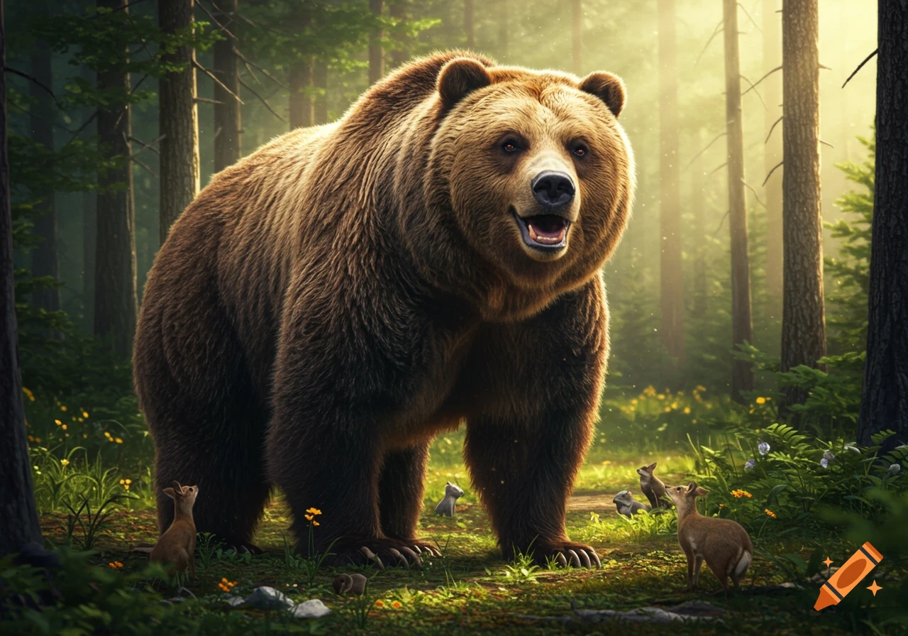 A large, happy-looking grizzly bear stands in a sunlit forest clearing, surrounded by small deer-like creatures.