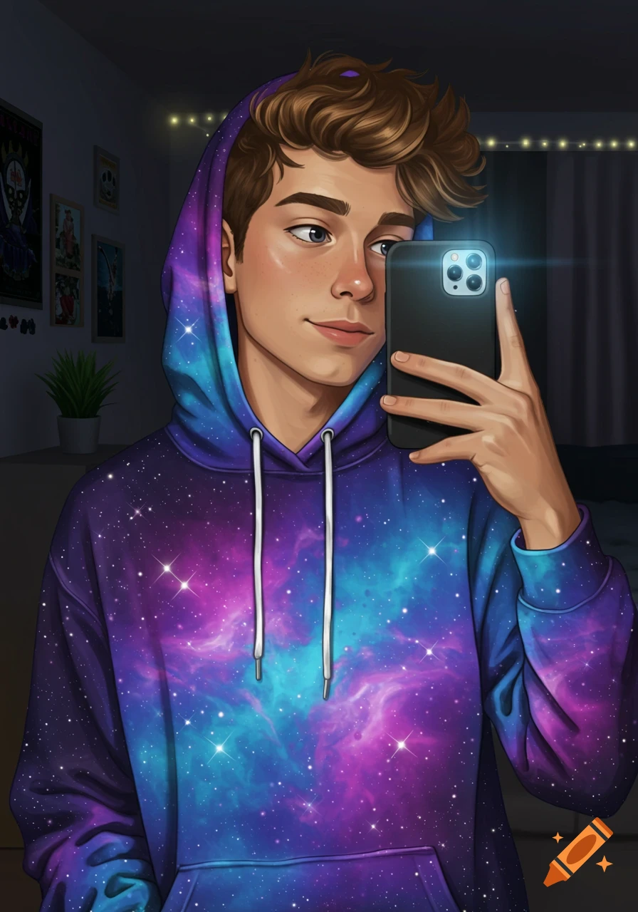 Illustration of a young man in a galaxy hoodie taking a selfie with his phone.