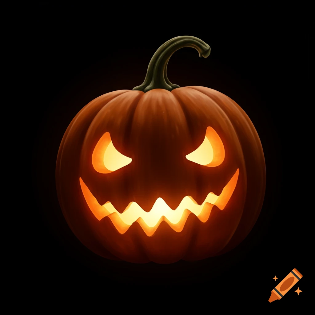 A glowing, carved jack-o'-lantern with a scary, jagged face against a dark background.