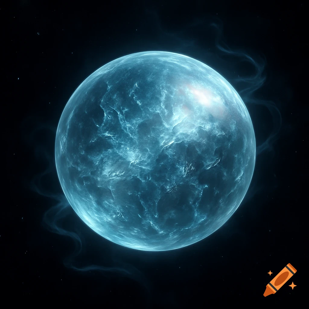A glowing blue celestial orb with swirling light and gaseous textures against a dark, starry background.