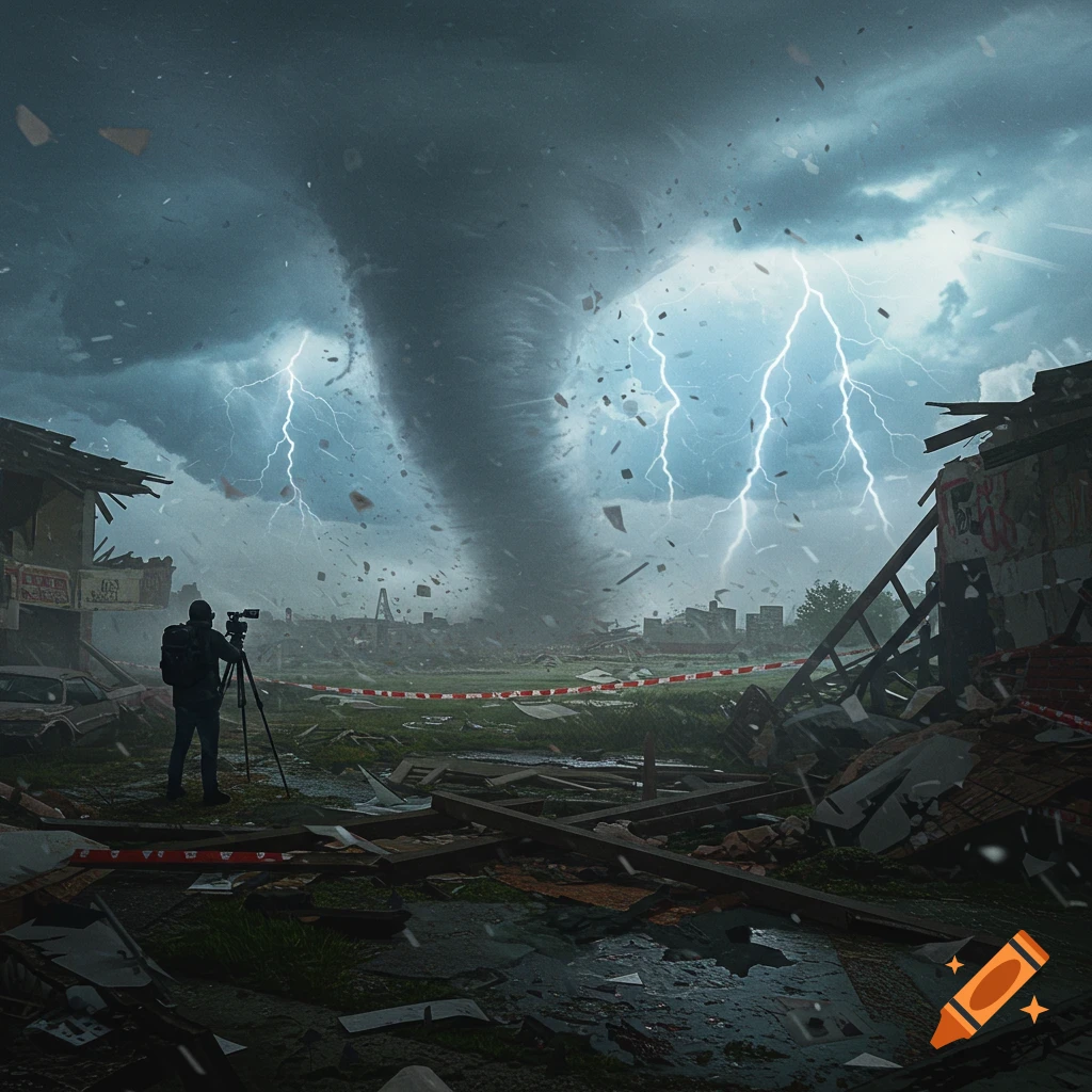 A photographer stands in a destroyed landscape, filming a massive tornado and lightning storm under dark, turbulent skies.