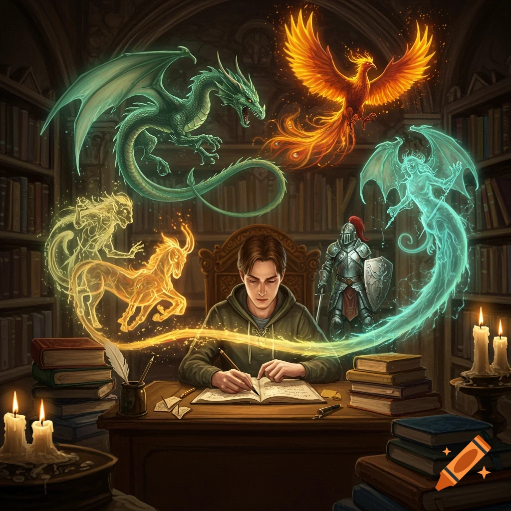 A young man writes at a desk, surrounded by glowing spectral creatures and a knight, in a fantasy library setting.