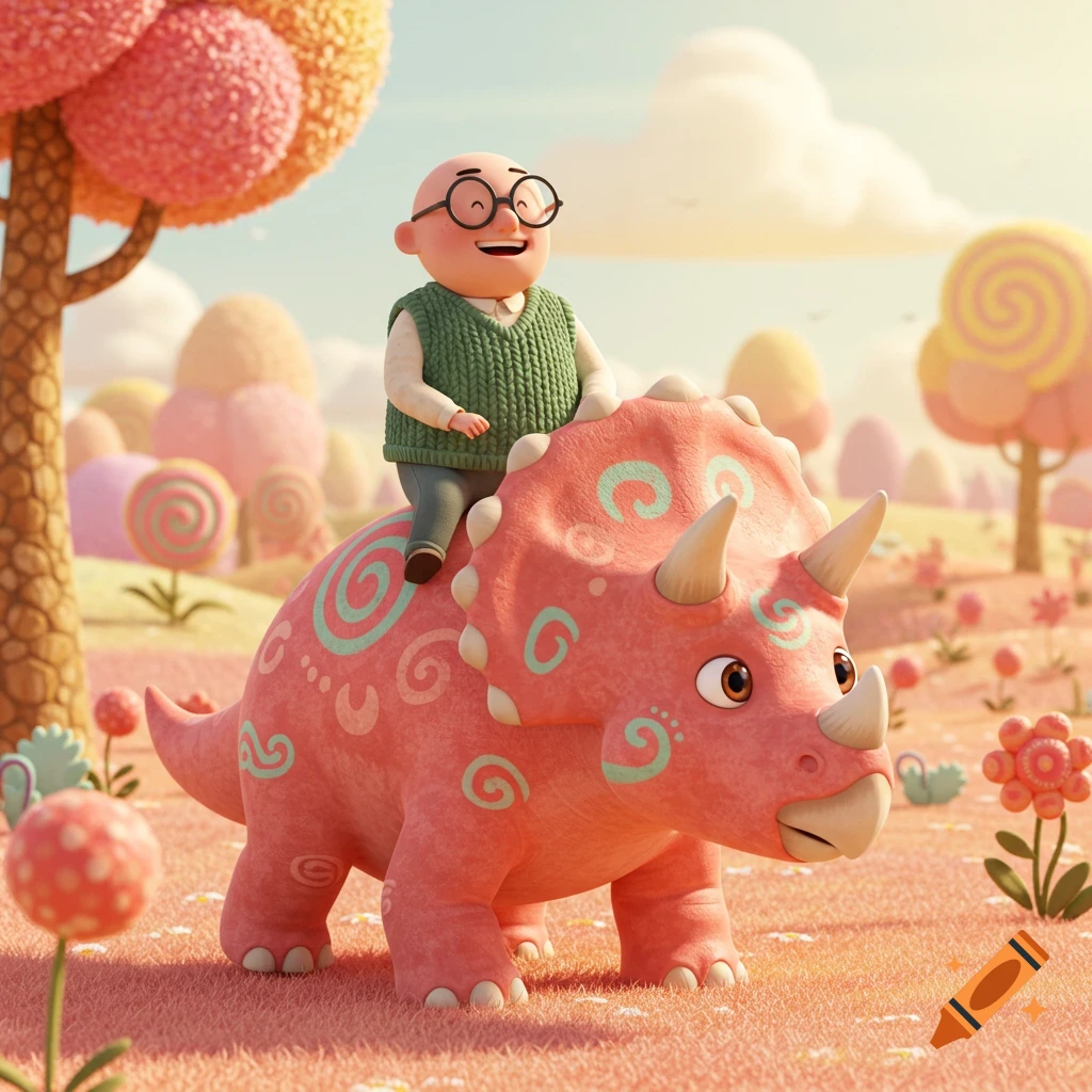 A smiling bald man in glasses and a green vest rides a pink triceratops in a bright, pastel, candy-themed landscape, in Pixar style.