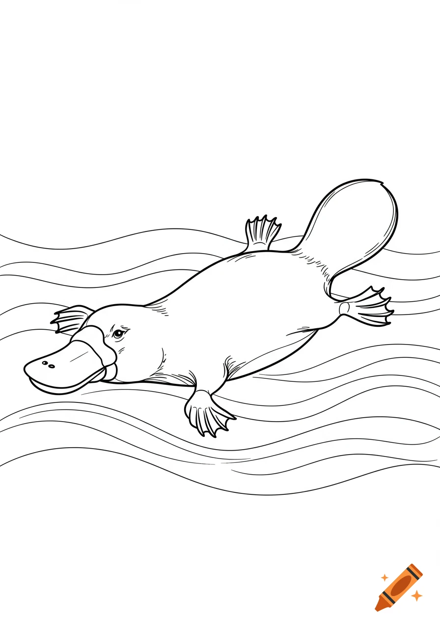 Simple black and white line art of a platypus swimming with webbed feet, in a coloring book style.