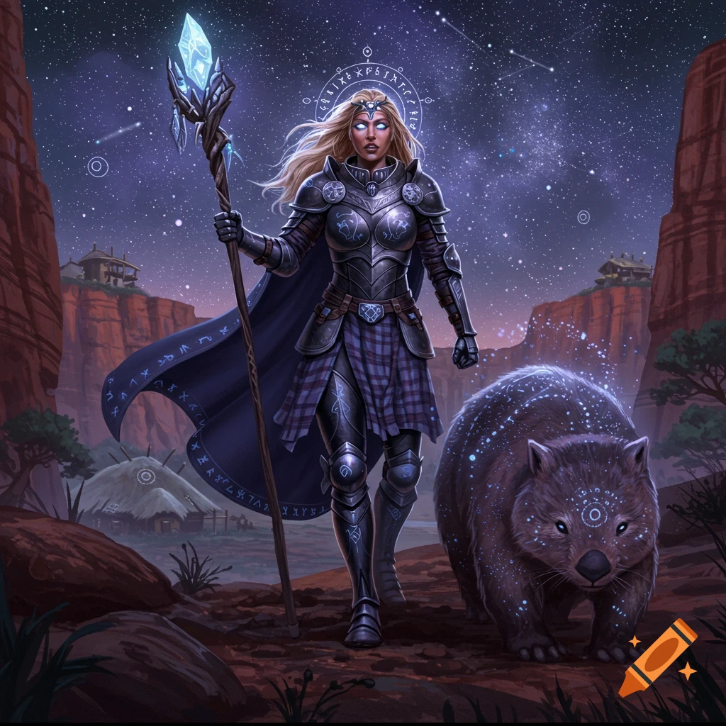 An armored female knight with glowing eyes and a cape walks a canyon path under a starry sky, wielding a crystal staff. A glowing wombat accompanies her.