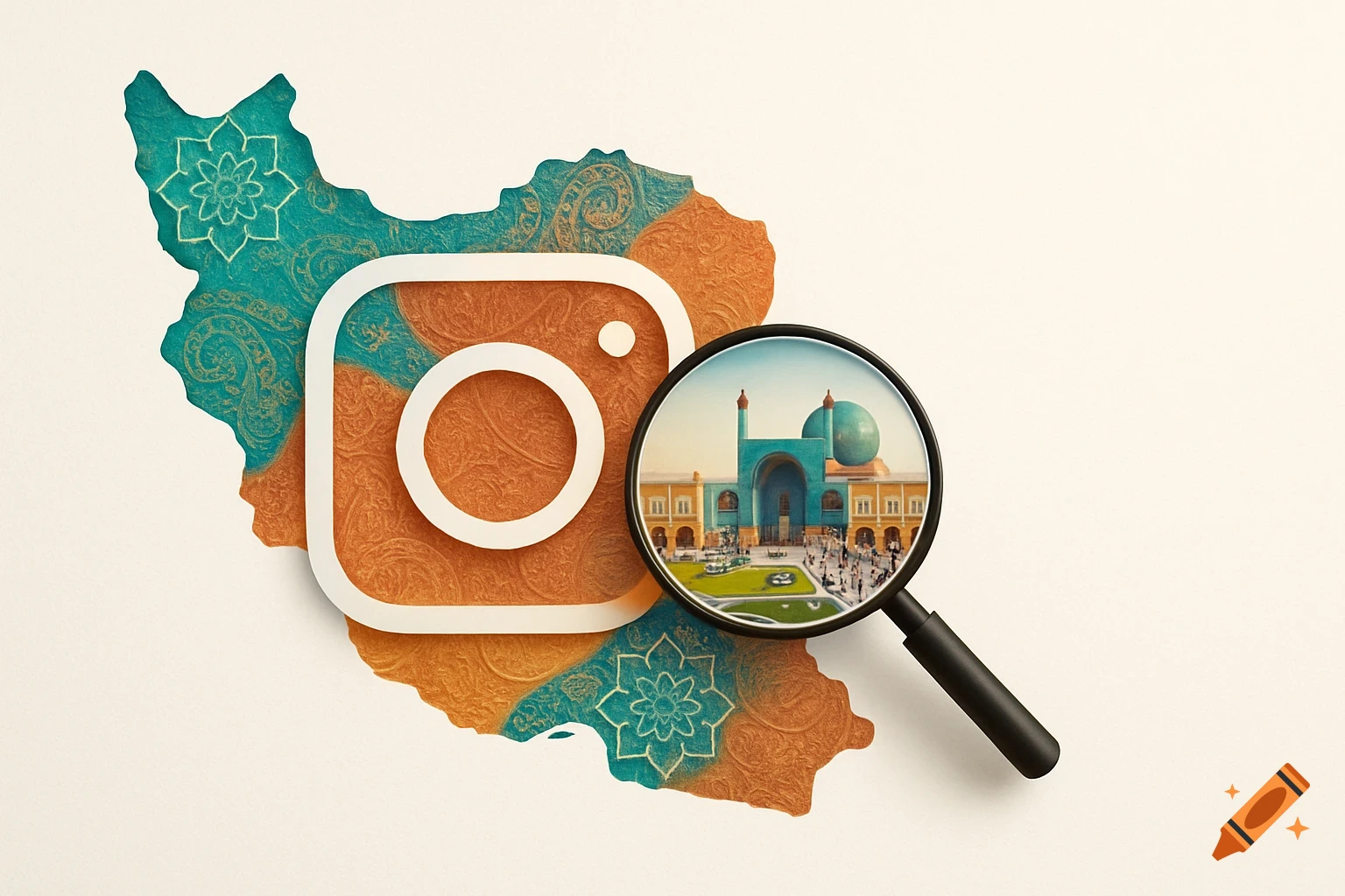 Stylized map of Iran with Persian patterns and an Instagram logo, a magnifying glass over it showing Isfahan's Naqsh-e Jahan Square.