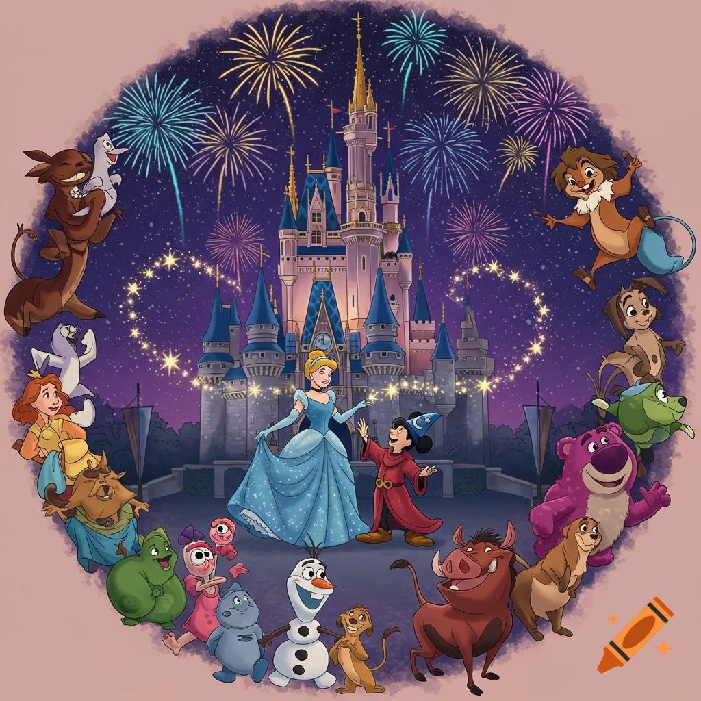 Colorful cartoon illustration of Cinderella's castle at night with fireworks, surrounded by various Disney characters including Cinderella, Sorcerer Mickey, Lotso, Olaf, Timon, and Pumbaa.