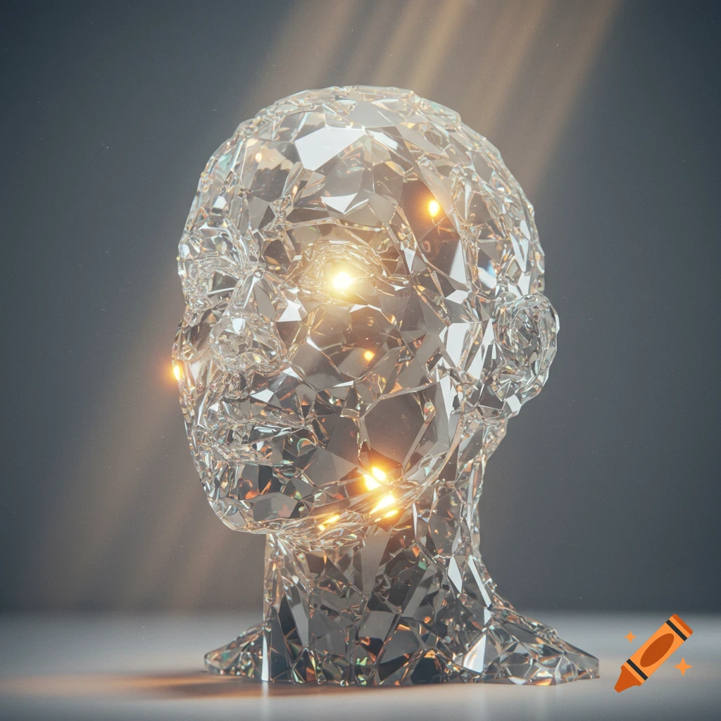 A faceted head sculpture made of clear diamonds, sparkling brightly under beams of light on a dark background.