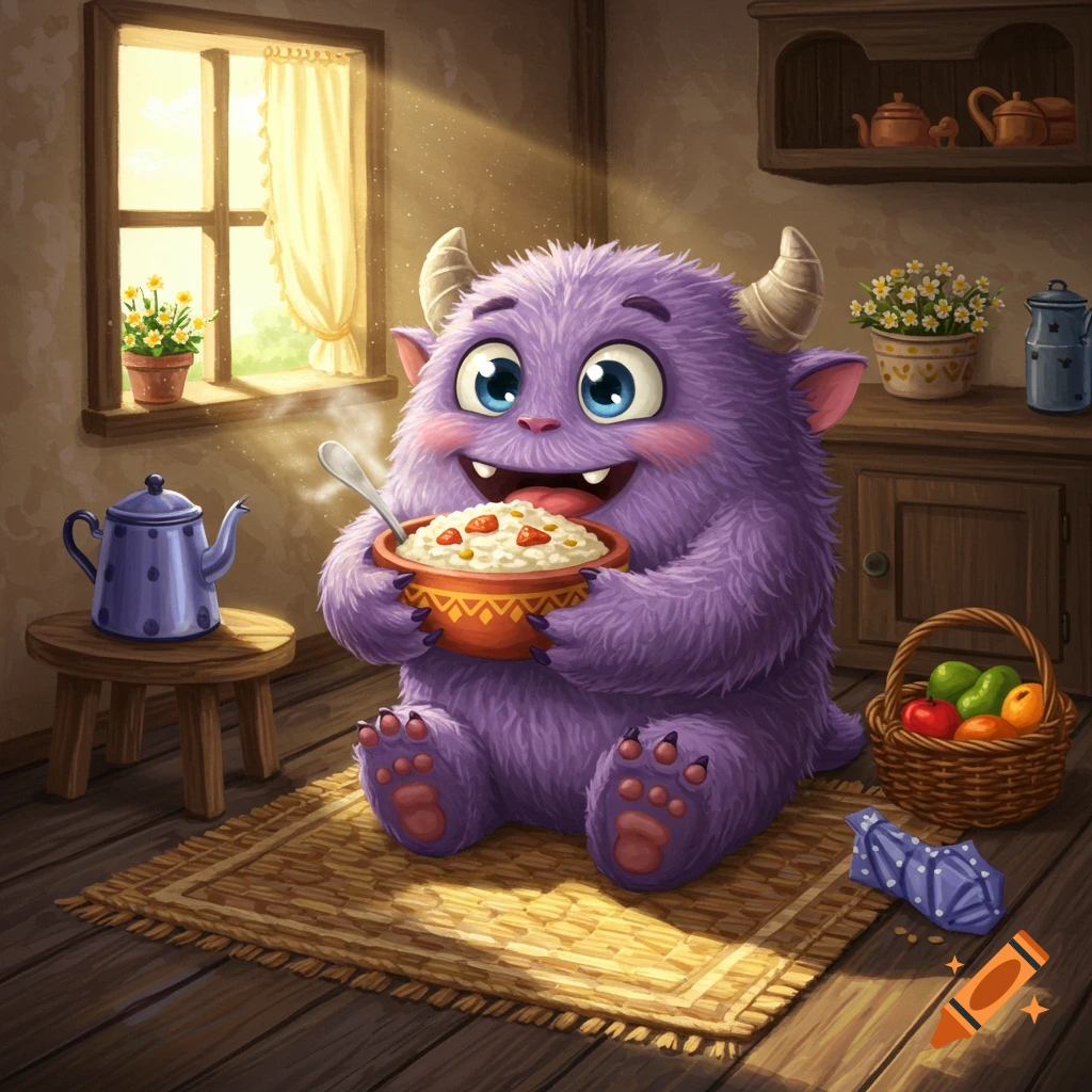 A cute, fluffy purple monster with big eyes and horns sits on a rug, happily eating a bowl of oatmeal in a cozy sunlit room.