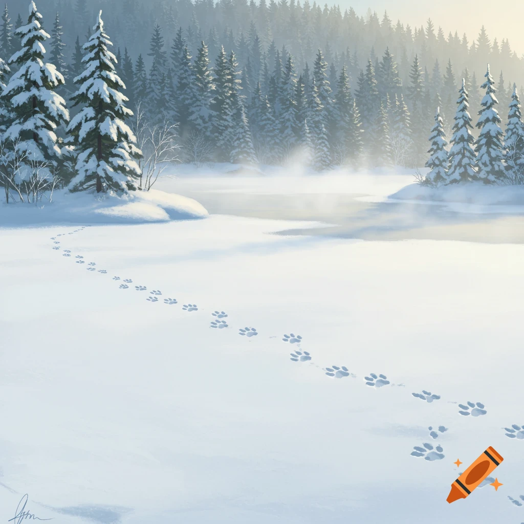 Animal footprints trail across a snowy field towards a misty winter forest and frozen river in a painterly style.
