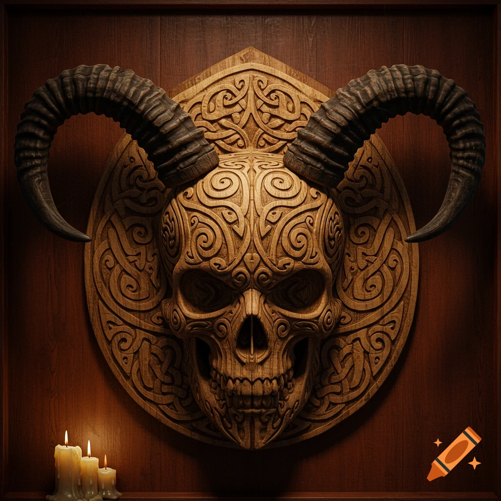 Highly detailed Celtic wood carved skull with large horns on a wall plaque, with three lit candles below.