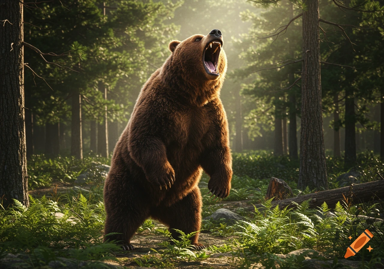 Photorealistic image of a brown bear standing on its hind legs, roaring loudly in a sunlit forest.
