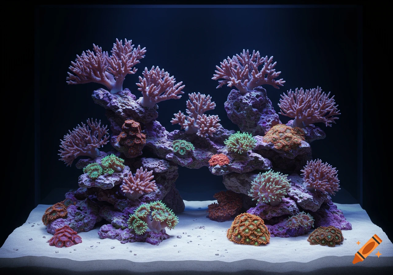 Photorealistic image of a vibrant coral reef aquarium with colorful SPS and LPS corals on rocky structures and a white sand bed.