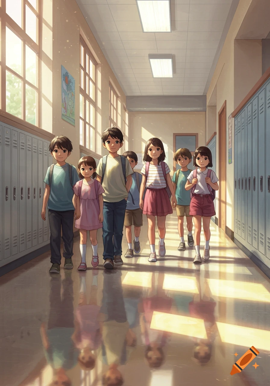 Anime children walk down a sunlit school hallway lined with lockers, their reflections visible on the floor.