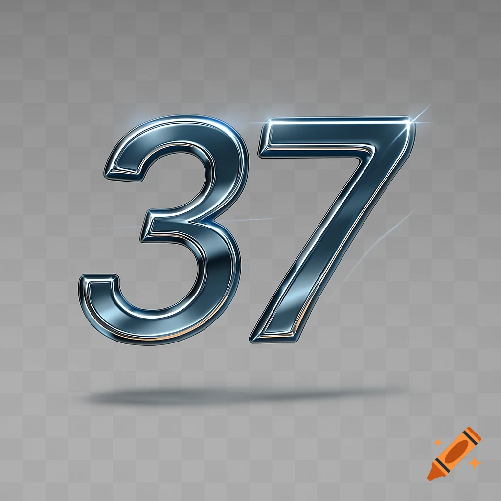 Metallic, glossy number 37 with glowing highlights and a subtle drop shadow on a transparent background.