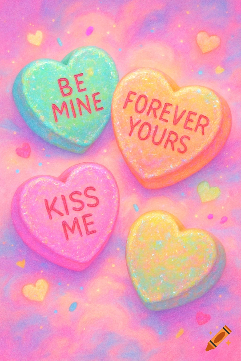 Colorful candy hearts with messages like "Be Mine" and "Kiss Me" on a sparkly pink and purple background.