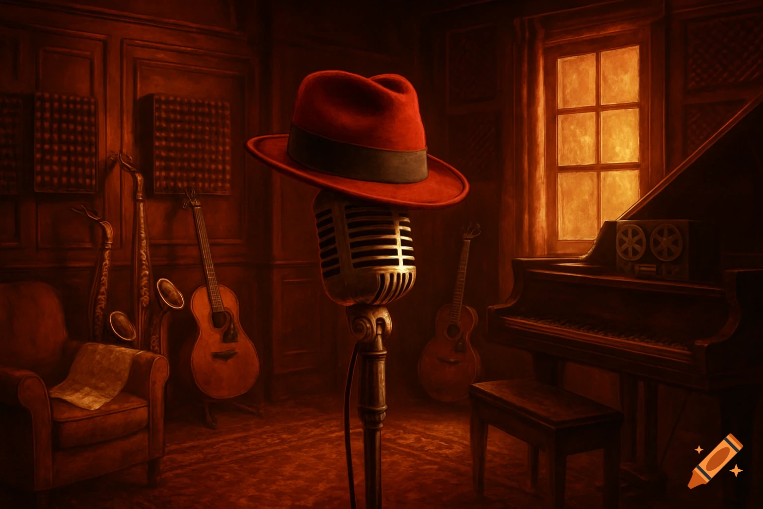 A red fedora rests on a vintage microphone in a dimly lit, moody music studio with various instruments.