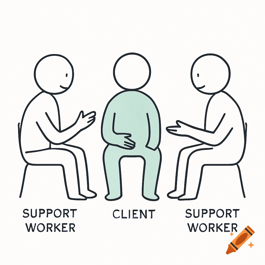 A simple diagram of two stick figures labeled 'Support Worker' sitting next to a green stick figure labeled 'Client'.