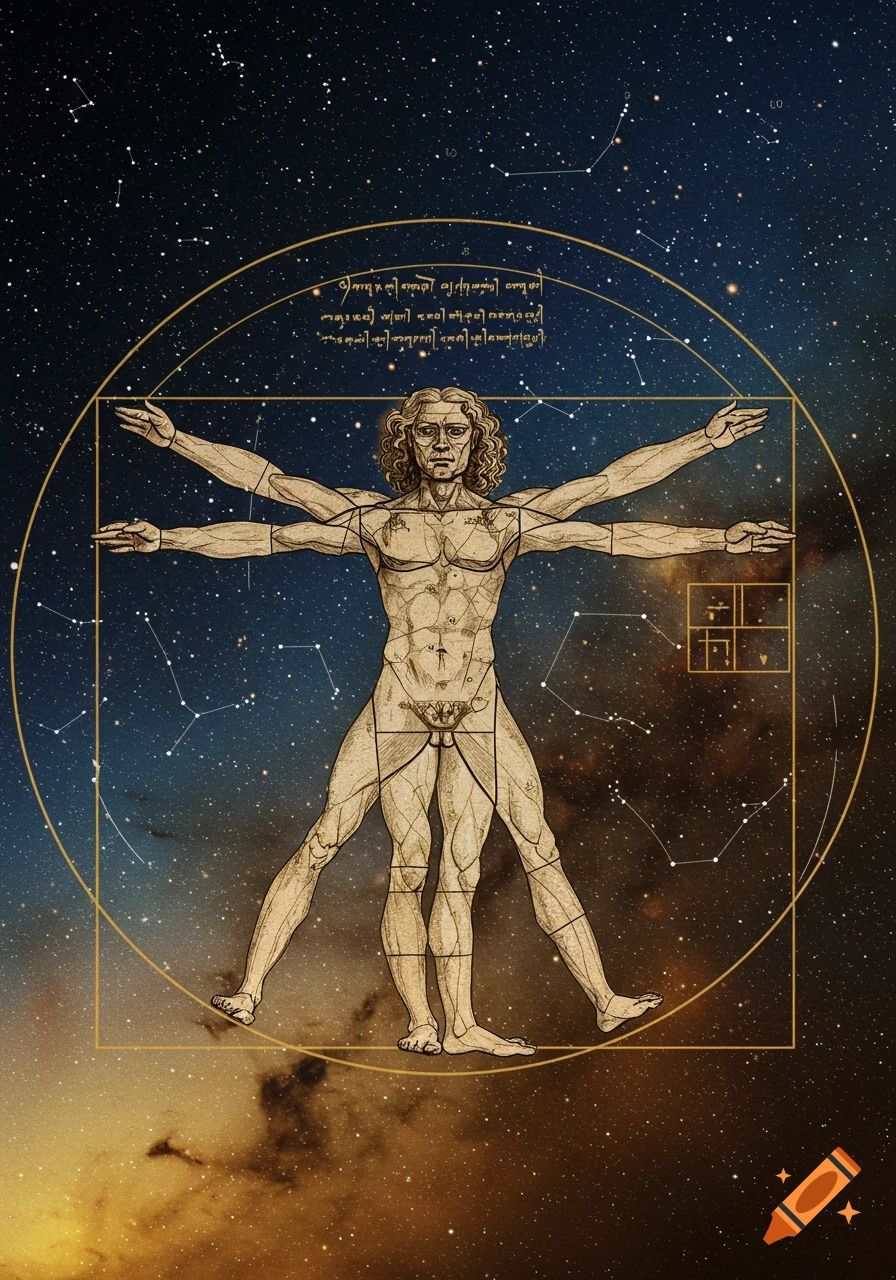 A classical drawing of Vitruvian Man by Leonardo da Vinci, a nude male figure with outstretched limbs in a circle and square, set against a cosmic background of stars and nebulae.