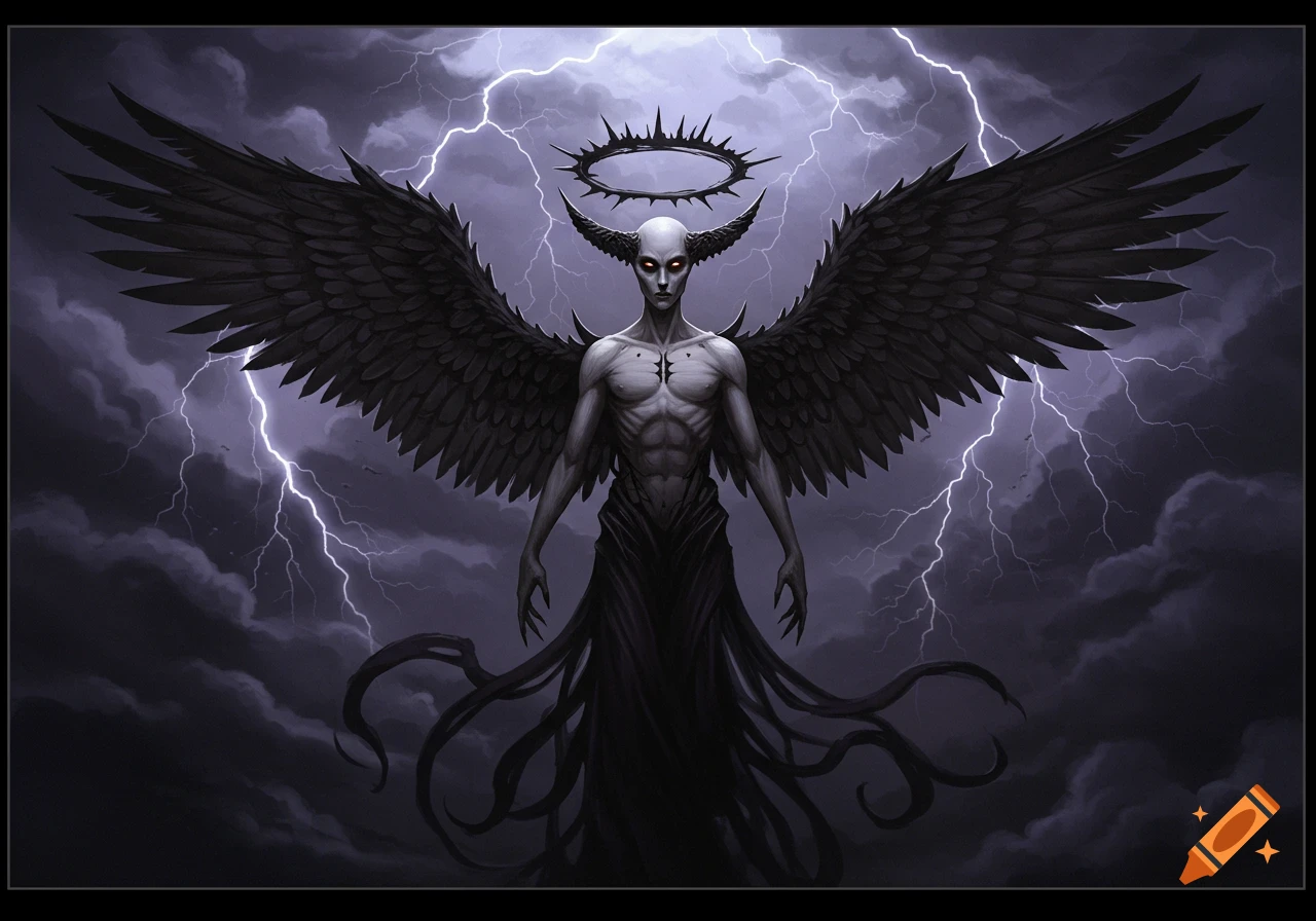 A dark angel or demon with large black wings, horns, and a thorny halo stands under a stormy sky with lightning.
