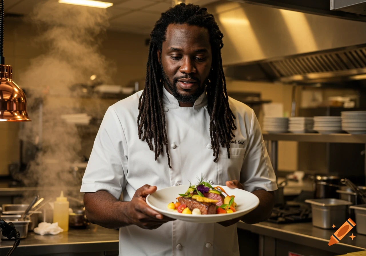 A black chef with dreadlocks presents a gourmet dish with steam rising in a professional kitchen.