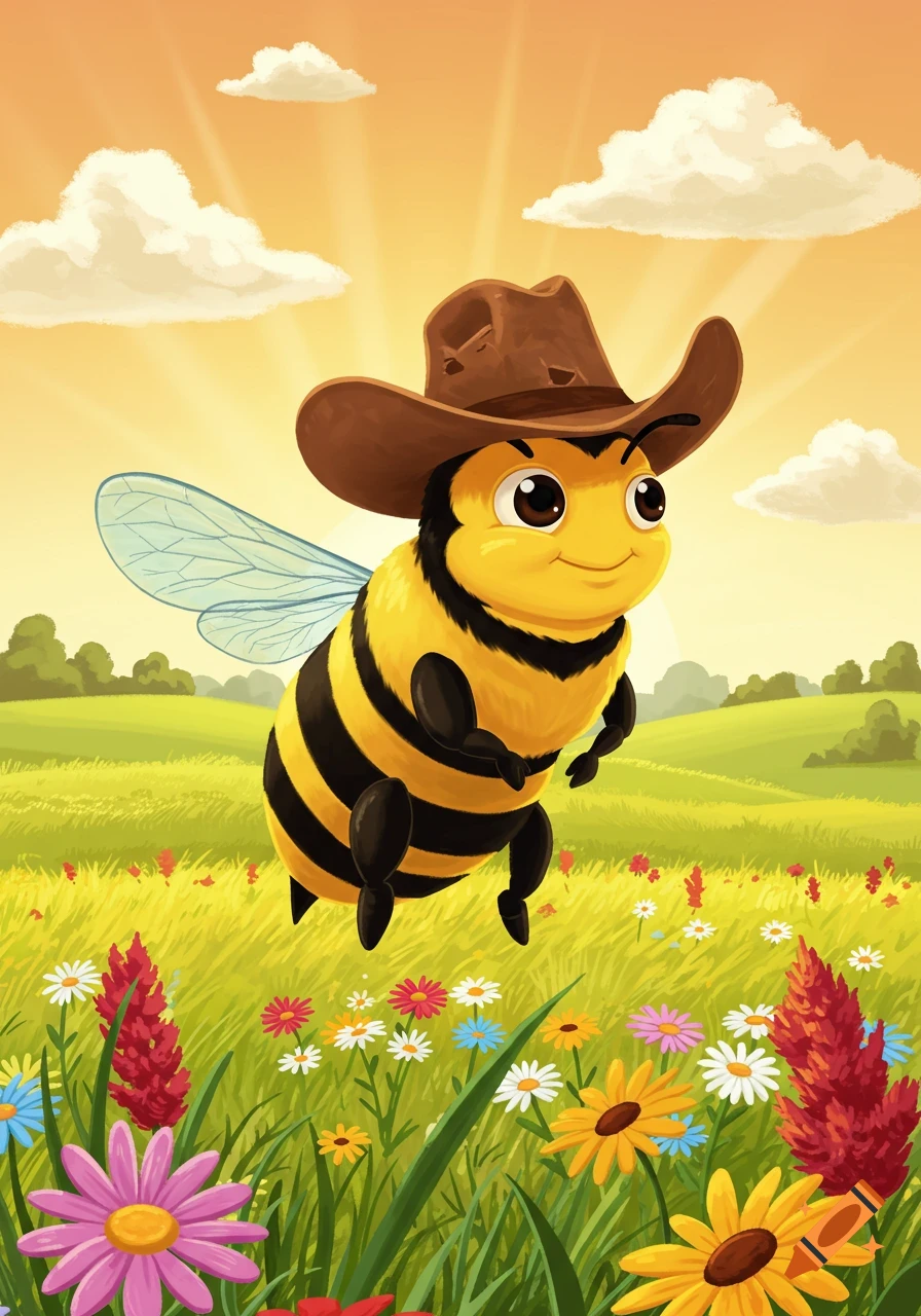 A cute cartoon bee wearing a cowboy hat flies over a vibrant field of colorful flowers under a bright, sunny sky.