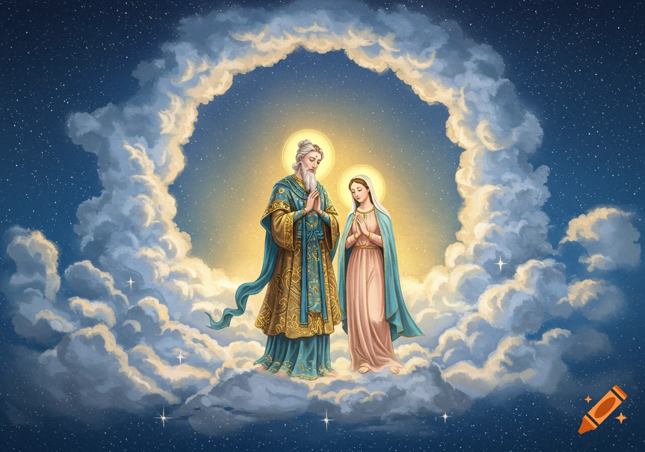 Luminous illustration of a bearded man and a haloed woman, resembling God and the Virgin Mary, standing in prayer amidst clouds in a starry sky.