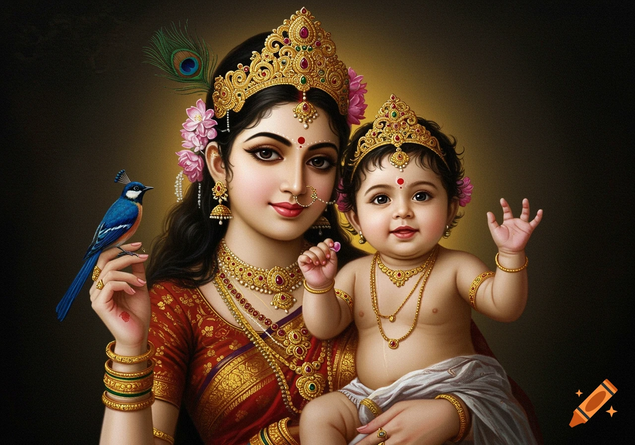 Oil painting of an Indian woman in a golden crown and jewelry holding a smiling baby, with a blue bird on her hand.