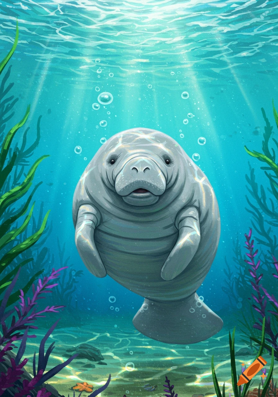 A cute, smiling manatee swims playfully underwater with bright sunbeams, bubbles, and vibrant sea plants.