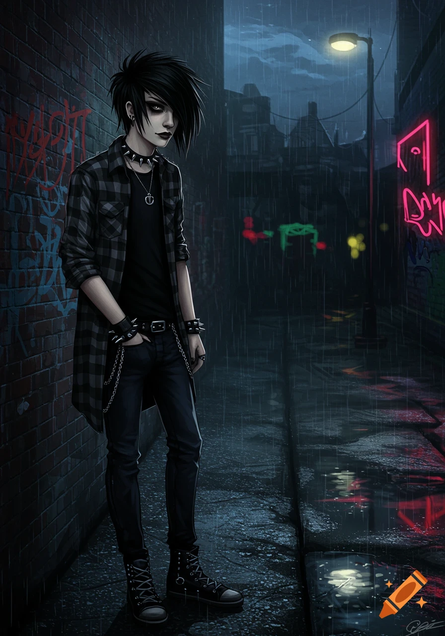An emo person with black hair and gothic fashion stands in a rainy, dark urban alley with neon lights and graffiti. Illustration.