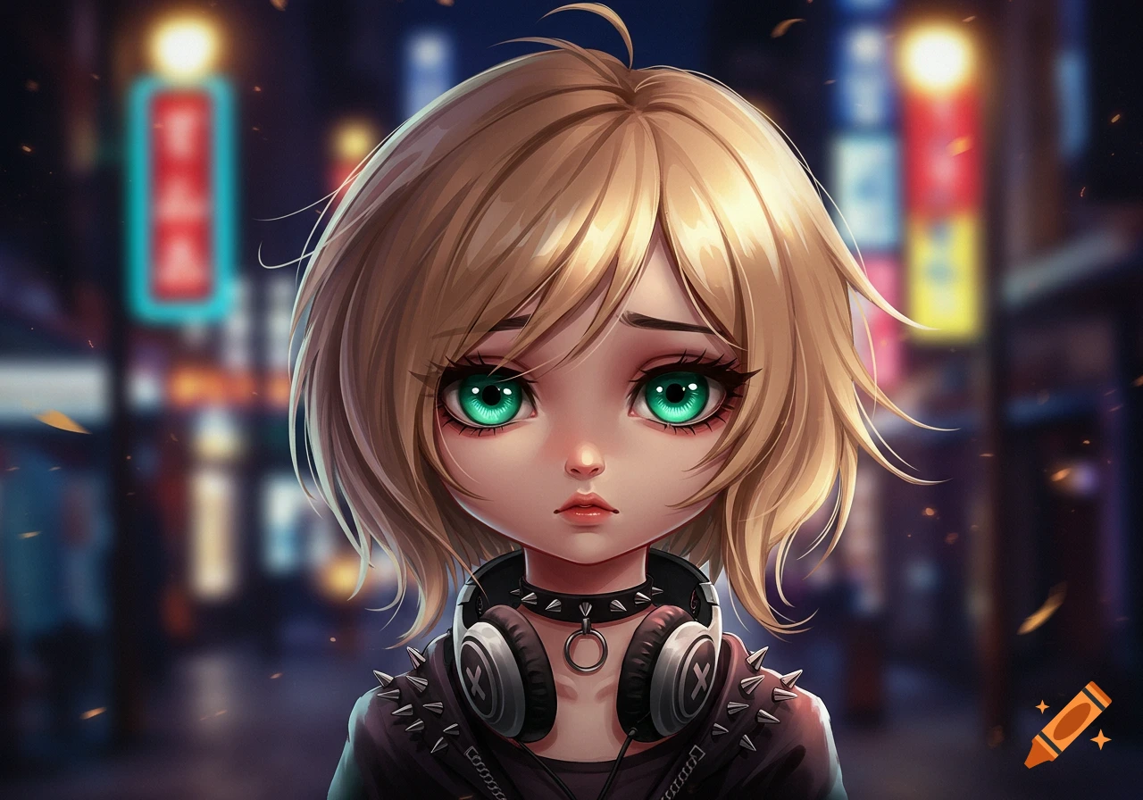 An anime portrait of a sad blonde girl with large green eyes, wearing a choker, headphones, and a studded jacket, against a blurred city street at night.